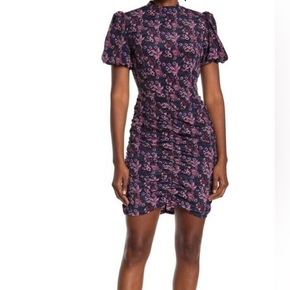 Melrose And Market Floral Satin Ruched Short Sleeve High Neck Mini Dress Size S - Picture 1 of 8
